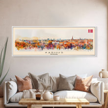 Carregar imagem no visualizador da galeria, Aarhus Denmark Panoramic Travel Poster, Framed Canvas Print or Metal Wall Art, Travel Art, Home Decor, Panoramic Painting, Midcentury Art
