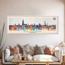 Load image into Gallery viewer, Amsterdam Netherlands Travel Art, City Art, Framed Canvas Print or Metal Wall Art, Europe Travel Poster, Panoramic Wall Art, Extra Wide Wall Art