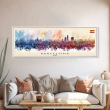 Load image into Gallery viewer, Barcelona Spain Travel Art, City Art, Framed Canvas Print or Metal Wall Art, Europe Travel Poster, Panoramic Wall Art, Extra Wide Wall Art