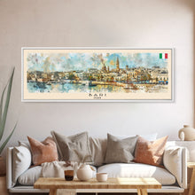 Load image into Gallery viewer, Bari Italy Panoramic Travel Poster, Framed Canvas Print or Metal Wall Art, Travel Art, Home Decor, Panoramic Painting, Midcentury Art
