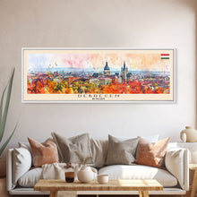 Load image into Gallery viewer, Debrecen Hungary Panoramic Travel Poster, Framed Canvas Print or Metal Wall Art, Travel Art, Home Decor, Panoramic Painting, Midcentury Art