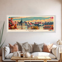 Carregar imagem no visualizador da galeria, Aarhus Denmark Panoramic Travel Poster, Framed Canvas Print or Metal Wall Art, Travel Art, Home Decor, Panoramic Painting, Midcentury Art