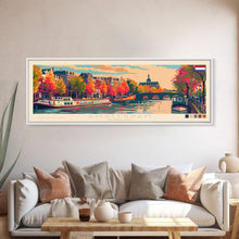 Load image into Gallery viewer, Amsterdam Netherlands Travel Art, City Art, Framed Canvas Print or Metal Wall Art, Europe Travel Poster, Panoramic Wall Art, Extra Wide Wall Art