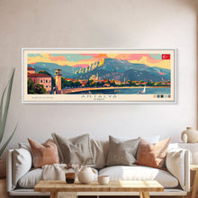 Load image into Gallery viewer, Antalya Turkey Panoramic Travel Poster, Framed Canvas Print or Metal Wall Art, Travel Art, Home Decor, Panoramic Painting, Midcentury Art