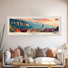Load image into Gallery viewer, Brasov Romania Panoramic Travel Poster, Framed Canvas Print or Metal Wall Art, Travel Art, Home Decor, Panoramic Painting, Midcentury Art