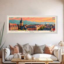 Load image into Gallery viewer, Debrecen Hungary Panoramic Travel Poster, Framed Canvas Print or Metal Wall Art, Travel Art, Home Decor, Panoramic Painting, Midcentury Art