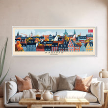 Carregar imagem no visualizador da galeria, Aarhus Denmark Panoramic Travel Poster, Framed Canvas Print or Metal Wall Art, Travel Art, Home Decor, Panoramic Painting, Midcentury Art