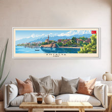 Load image into Gallery viewer, Antalya Turkey Panoramic Travel Poster, Framed Canvas Print or Metal Wall Art, Travel Art, Home Decor, Panoramic Painting, Midcentury Art