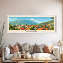 Load image into Gallery viewer, Bijeljina Bosnia Panoramic Travel Poster, Framed Canvas Print or Metal Wall Art, Travel Art, Home Decor, Panoramic Painting, Midcentury Art