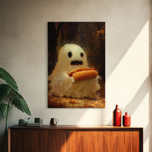 Cargar imagen en el visor de la galería, CHOMP! Cute Lil Ghost Eatin' a Dog, The Hot Dog Ghost, Haunted Hot Dog Thief, Framed Canvas Print, Halloween Art