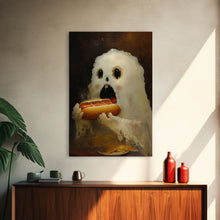 Load image into Gallery viewer, Ghostly Hot Dog Thief, Cute Lil Ghost Eatin' a Dog, The Hot Dog Ghost, Haunted Hot Dog Thief, Framed Canvas Print, Halloween Art