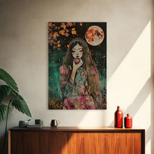 Load image into Gallery viewer, Ghostly Witch With Red Apple, Framed Canvas Print, Wall Art, Spooky Decor, Halloween Decoration, Living Room Art, Unique Gift