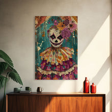 Load image into Gallery viewer, Day of the Dead Doll with Floral Crown Framed Canvas Print, Halloween Art, Creepy Wall Art, Spooky Home Decor, Scary Art, Unique Wall Decor
