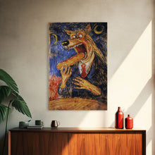 Carregar imagem no visualizador da galeria, Business Werewolf Eating a Hot Dog, Framed Canvas print, Funny Halloween Art, Spooky Season, The Scream Inspired Funny Art