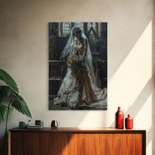Load image into Gallery viewer, Ghostly Bride in Abandoned Church Framed Canvas Print | Halloween Bride Art | Eerie Bride Decor for Home | Haunted Wedding Artwork