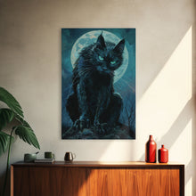 Load image into Gallery viewer, Black Cat with Piercing Eyes Against Full Moon | Halloween Wall Art | Spooky Home Decor | Creepy Black Cat Painting | Framed Canvas Print