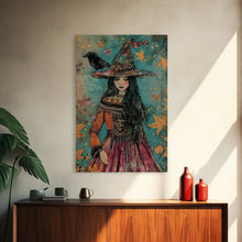 Load image into Gallery viewer, Enchanting Witch with Raven - Halloween Wall Decor - Spooky Home Art Print - Halloween Gift for Witch Lovers - Creepy Art Halloween Decor