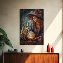 Load image into Gallery viewer, Enchanting Witch with Crystal Ball, Framed Canvas Print, Mystical Halloween Art, Spooky Witch Decor, Witchcraft Illustration, Magical Decor