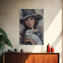 Load image into Gallery viewer, Enchanting Witch with White Rabbit in Serene Autumn Setting - Mystical Forest Art Framed Canvas Print, Halloween Home Decor