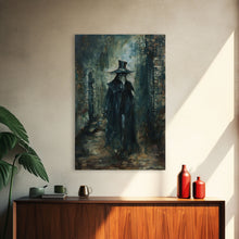 Carregar imagem no visualizador da galeria, Ghostly Figure in Victorian Attire - Eerie Night Stalker Gothic Art Framed Canvas Print, Halloween Haunted House Decor