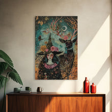 Load image into Gallery viewer, Elegant Witch with Tortoise - Halloween Art, Gothic Art, Spooky Decor, Dark Nature Art, Haunting Portrait, Framed Canvas Print