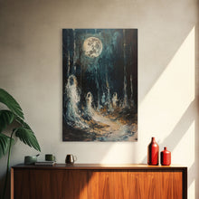 Carregar imagem no visualizador da galeria, Ghostly Figures in Forest, Halloween Art Print, Spooky Home Decor, Framed Canvas Print, Creepy Art, Halloween Wall Decor, Seasonal Wall Art