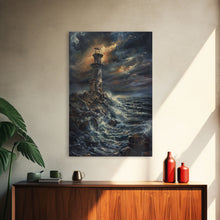 Load image into Gallery viewer, Eerie Castle on Cliff, Halloween Art Print, Spooky Home Decor, Framed Canvas Print, Creepy Art, Halloween Wall Decor, Seasonal Wall Art