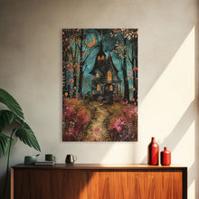 Load image into Gallery viewer, Enchanted Forest Pathway Framed Canvas Print, Haunted Woods Art, Halloween Night, Spooky Path Decor, Mysterious Artwork, Framed Canvas Print
