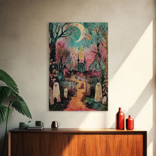 Load image into Gallery viewer, Creepy Moonlit Trees Framed Canvas Print, Haunted Forest Art, Halloween Night Scene, Eerie Woods Decor, Spooky Artwork, Framed Canvas Print