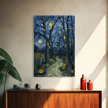 Load image into Gallery viewer, Dark Steamy Train at Night Framed Canvas Print, Halloween Wall Art, Spooky Train Station Decor, Haunted Transportation Artwork, Ghostly Art