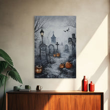 Load image into Gallery viewer, Eerie Graveyard with Pumpkins Framed Canvas Print, Halloween Wall Art, Spooky Cemetery, Home Decor, Gothic Artwork, Living Room Art, Creepy