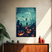 Load image into Gallery viewer, Bats and Jack-O-Lanterns Framed Canvas Print, Halloween Wall Art, Haunted Graveyard, Home Decor, Spooky Art, Living Room Decor, Gothic Art