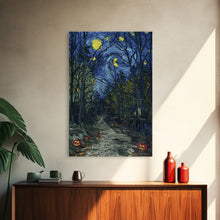 Load image into Gallery viewer, Dark Forest Path with Pumpkins Framed Canvas Print, Halloween Wall Art, Starry Night Inspired, Home Decor, Spooky Art, Living Room Decor