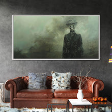 Load image into Gallery viewer, Dapper Skeleton In The Fog, Framed Canvas Print, Halloween Decor, Macabre Dark Academia Wall Art