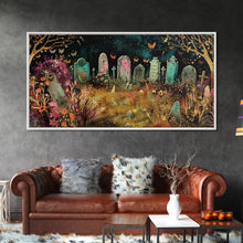 Load image into Gallery viewer, Colorful Haunted Grave Yard In The Spring Time, Framed Canvas Print, Spooky Wall Art, Halloween Spooky Season Decor
