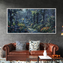 Load image into Gallery viewer, Creepy Victorian Hedge Maze, Haunted Cemetary Framed Canvas Print, Spooky Season Wall Art