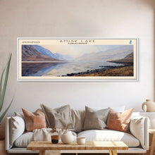 Load image into Gallery viewer, Amisk Lake Panoramic Framed Canvas Print, Lake House Art, Vintage Style, Travel Poster, Nature Scene, Scenic Artwork