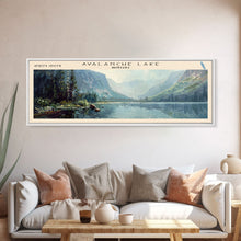 Carregar imagem no visualizador da galeria, Avalanche Lake Montana Panoramic Framed Canvas Print, Lake House Art, Boho Decor, Travel Poster, Nature Wall Art, Serene Scene