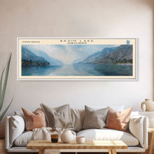 Load image into Gallery viewer, Basin Lake Panoramic Framed Canvas Print, Lake House Decor, Scenic Painting, Travel Poster, Rustic Art, Nature Wall Art