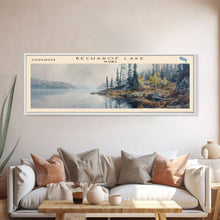 Load image into Gallery viewer, Becharof Lake Panoramic Framed Canvas Print, Lake House Decor, Scenic View, Travel Poster, Modern Art, Nature Scene