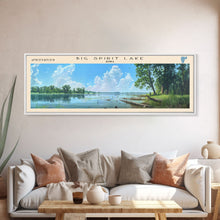 Load image into Gallery viewer, Big Spirit Lake Iowa Framed Canvas Print, Panoramic Lake House Decor, Scenic View, Travel Poster, Rustic Art, Lake Painting