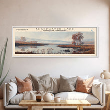 Load image into Gallery viewer, Blackwater Lake Framed Canvas Print, Lake House Decor, Panoramic Scenic View, Travel Poster, Minimalist Art, Lake Painting