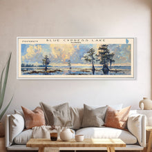Load image into Gallery viewer, Blue Cypress Lake Florida Framed Canvas Print, Lake House Art, Panoramic Scenic View, Travel Poster, Modern Decor, Lake Painting