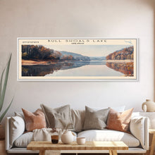 Carregar imagem no visualizador da galeria, Bull Shoals Lake Arkansas Framed Canvas Print, Lake House Art, Panoramic Wall Art, Travel Poster, Rustic Lake Painting, Home Decor