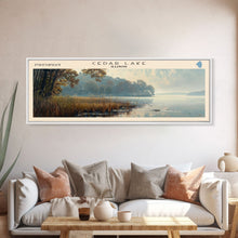 Cargar imagen en el visor de la galería, Cedar Lake Illinois Framed Canvas Print, Lake House Art, Panoramic Wide Art, Travel Poster, Minimalist Lake Painting, Home Decor