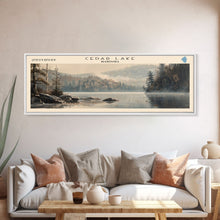 Cargar imagen en el visor de la galería, Cedar Lake Framed Canvas Print, Panoramic Lake House Decor, Wide Wall Art, Travel Poster, Rustic Lake Painting, Nature Art