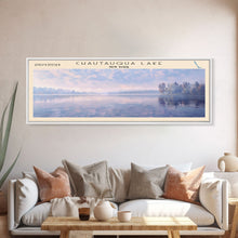 Cargar imagen en el visor de la galería, Chautauqua Lake New York Framed Canvas Print, Lake House Art, Panoramic Wide Wall Art, Travel Poster, Modern Lake Painting, Nature Art