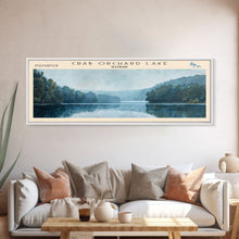 Load image into Gallery viewer, Cormorant Lake Framed Canvas Print, Lake House Decor, Panoramic Wide Art, Travel Poster, Rustic Lake Painting, Home Decor