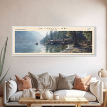 Load image into Gallery viewer, Detroit Lake Oregon Framed Canvas Print, Lake House Decor, Panoramic Wall Art, Travel Poster, Rustic Lake Painting, Nature Art