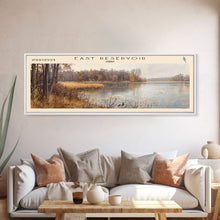 Load image into Gallery viewer, East Reservoir Ohio Framed Canvas Print, Lake House Art, Panoramic Wall Art, Travel Poster, Modern Lake Painting, Nature Art
